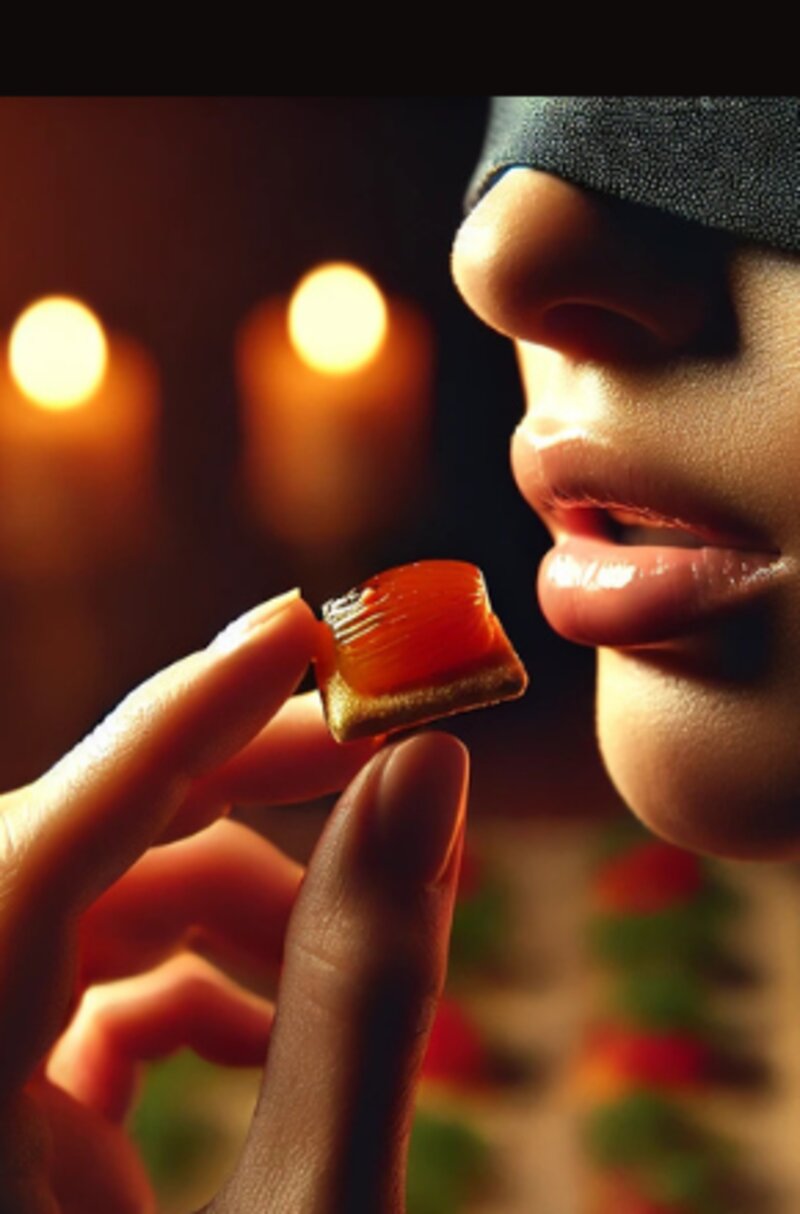 A guest tasting by candlelight, blindfolded